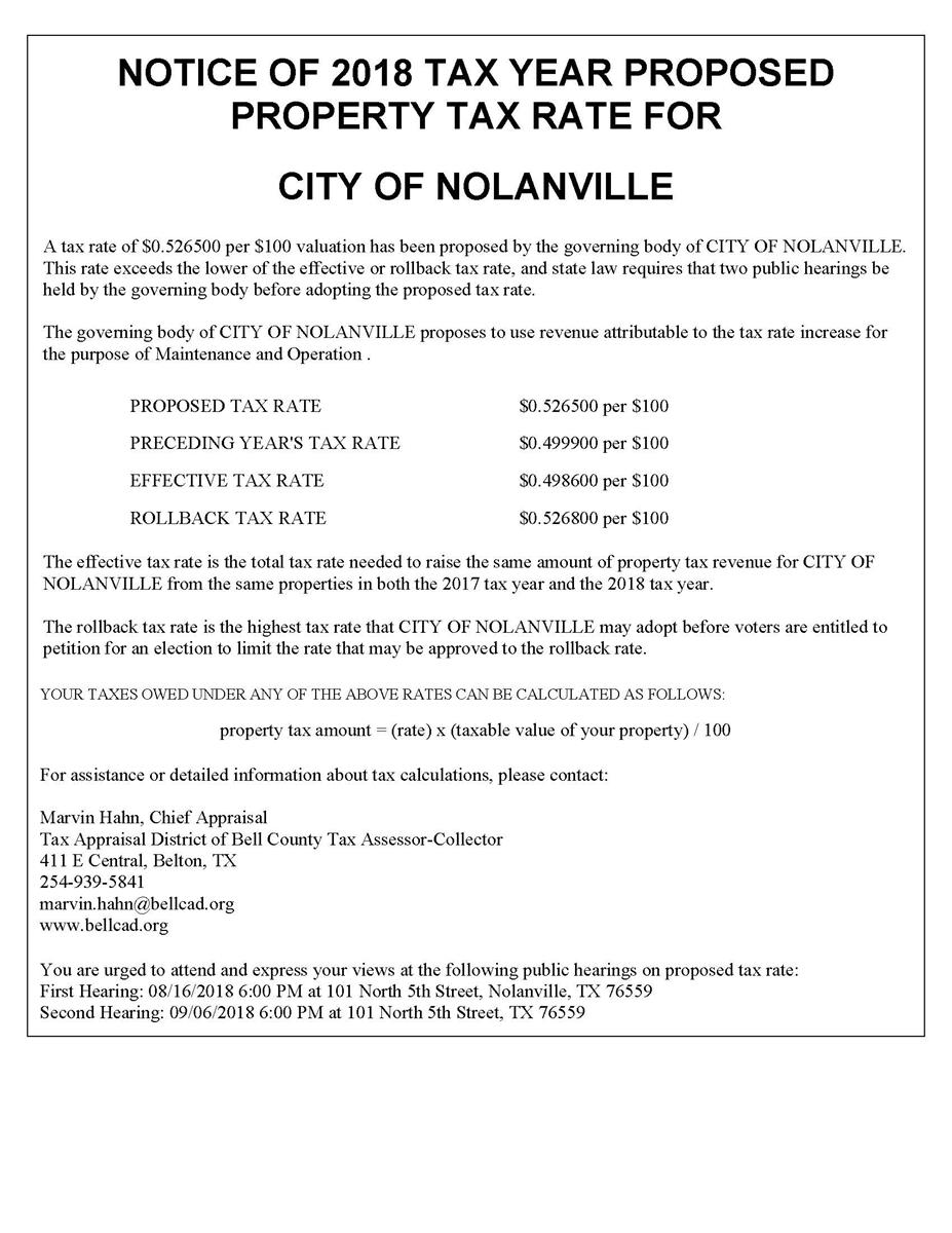 Notice of Property Tax Rat for the City of Nolanville